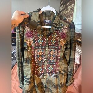 Johnny Was Multicolor Embroidered Camouflage Shirt
